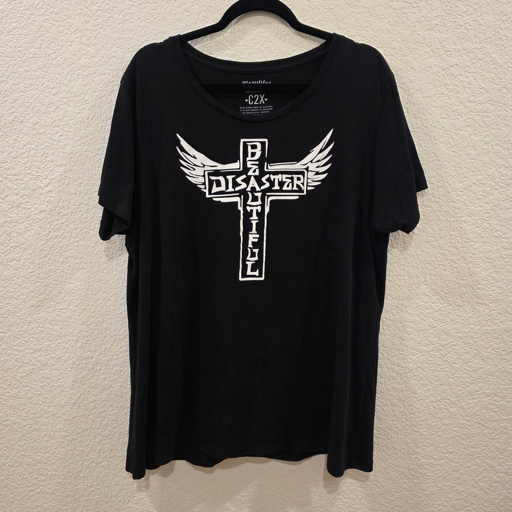 Beautiful Disaster Womens Black Winged Cross Graphic Tee Shirt Size 2X